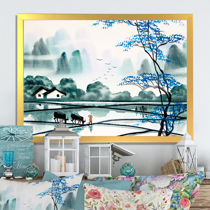 " Chinese Landscape Painting ", 24" H x 36" W x 1" D, Gold Picture Framed Canvas