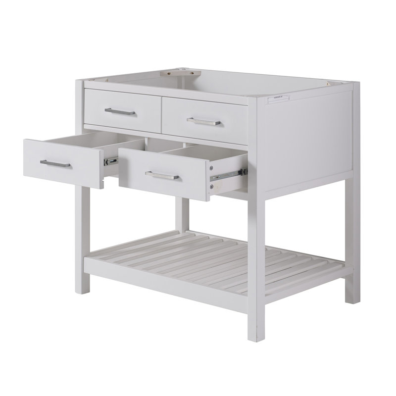 Harrison 36 in. W Vanity Cabinet Only, Solid Pine Wood, Nickel Hardware, Includes 2 Soft Close Drawers, Adjustable Height, Classic Timeless Design, Ideal for Bathroom Storage, White