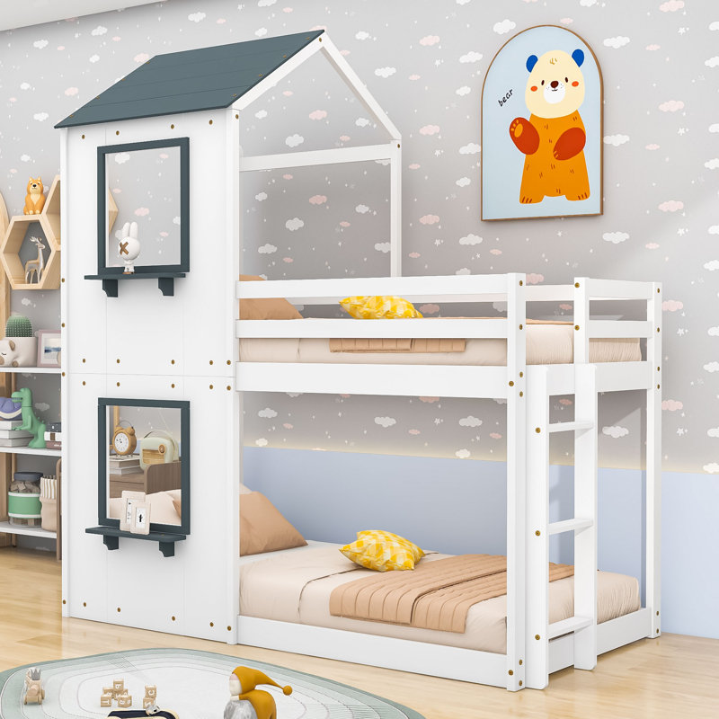 Playhouse Inspired Twin Over Twin Bunk Bed with Ladder, White