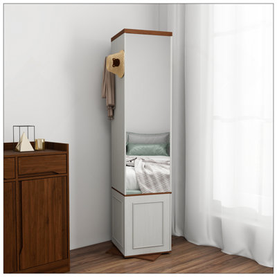 Armoire de rangement rotative à 360 ° avec miroir pleine longueur, 8 tablettes ouvertes des deux côtés, crochets latéraux, 1 porte avec tablette, pour le salon, l'entrée, la salle de bain, blanc antique