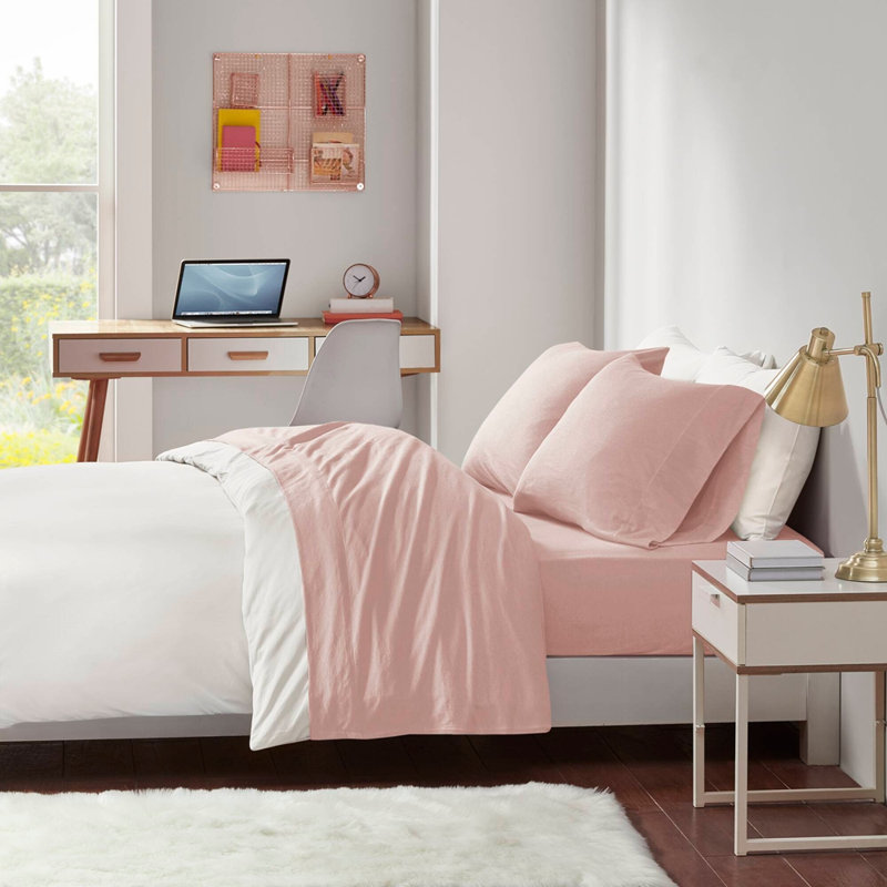 Ensemble de draps toutes saisons grand, Ensemble de draps pour grand lit avec 2 taies d'or, Rosé