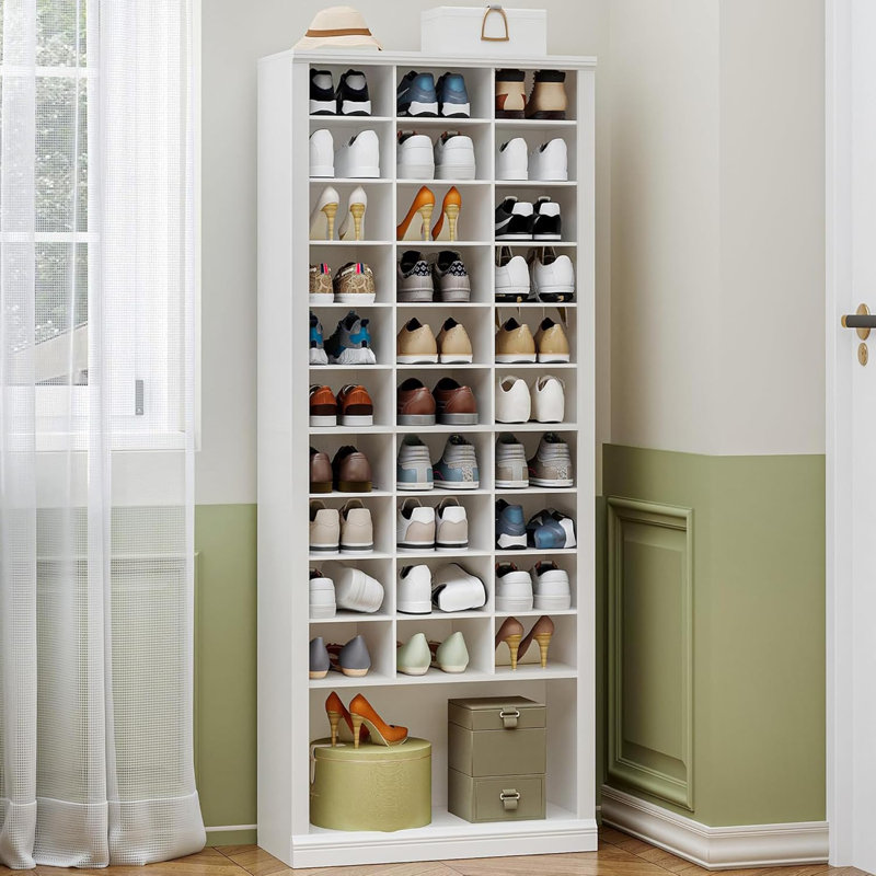 Rangement à chaussures 11 niveaux, armoire à chaussures haute avec casier, range-chaussures autoportant en bois, 30 à 33 paires, range-chaussures pour vestibule, chambre à coucher, blanc