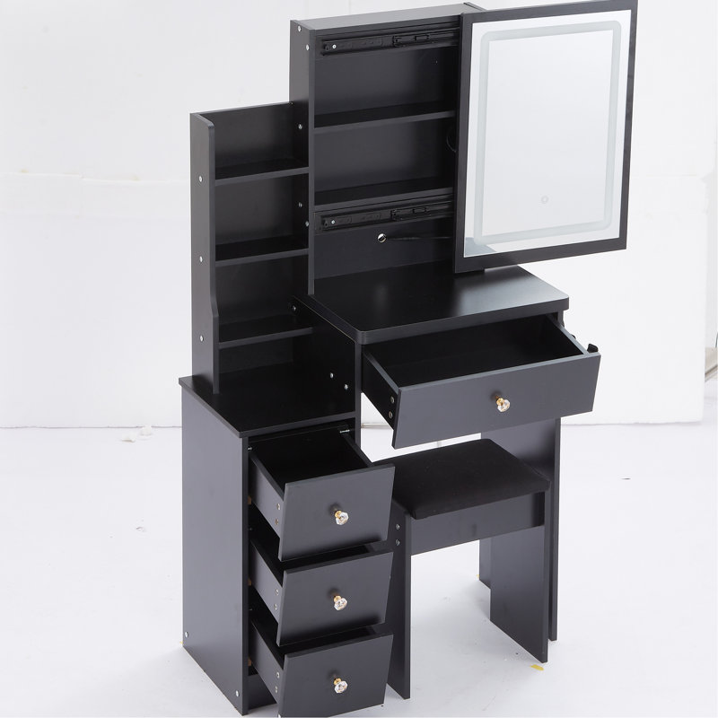 Compact Left Bedside Vanity With Stool, 2 Ac And Outlets, Touchscreen Sliding Led Mirror, 3 Color Settings, , Black Kitchen Desk + - Large Touch Control Switching, Cushioned American Style