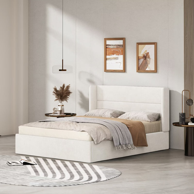Upholstered Lift Up Storage Bed, King, Cream