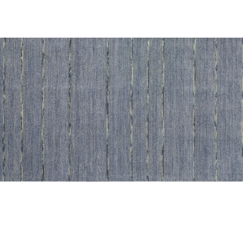 Tapis rayé bleu en laine fabriqué à la main Halo, Rectangle 4 pi x 6 pi