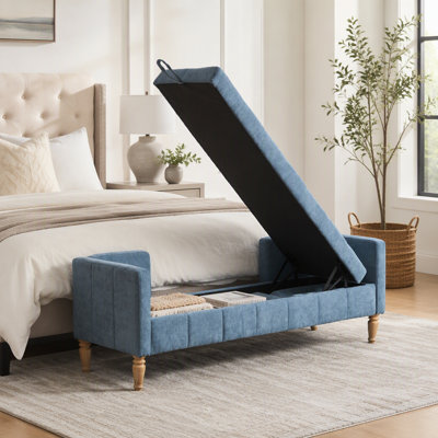 Banc de rangement à dossier rabattable en chenille de 64,6 po de largeur, dossier capitonné avec accoudoirs et dossier et 2 traversins en bois d'hévéa blanchi pour le salon, le couloir, la chambre du vestibule, bleu