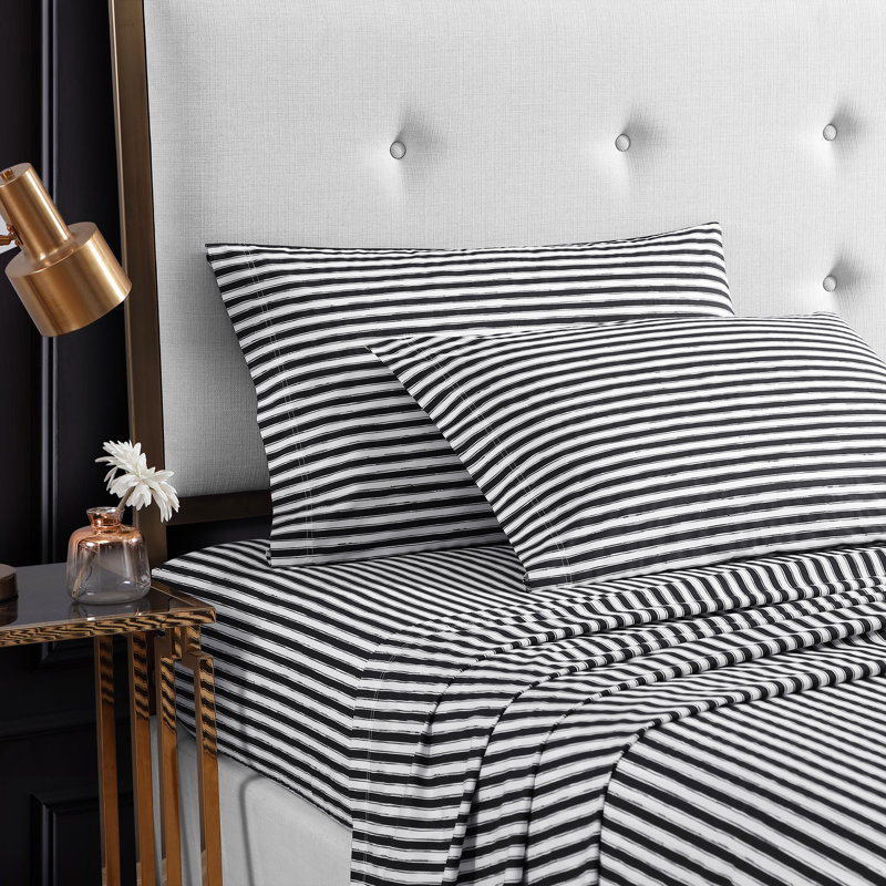 Twin White and Black Striped Cotton Percale Sheet Set