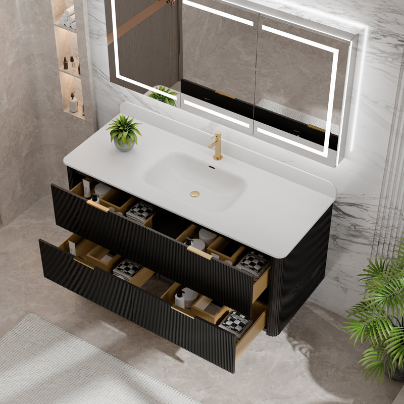 Meuble-lavabo mural simple 48 po avec comptoir en acrylique intégré, armoire en chêne massif rosé, tiroirs à fermeture en douceur, finition noire, chêne ou noyer