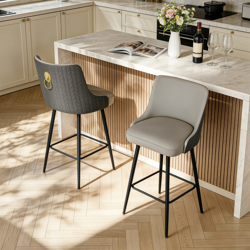 Bar Stools Upholstered Counter Height Bar Stools With Lion Knocker Breakfast Swivel Bar Chairs For Kitchen Island, Grey