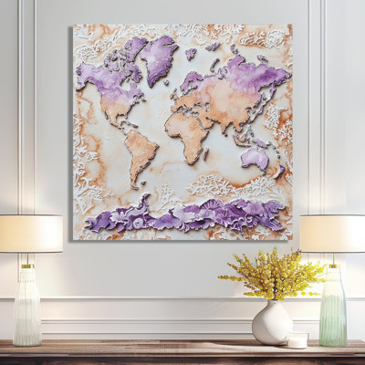 Lavender Map Of The Continents II - Modern Metal Wall Art, World Map Metal Print