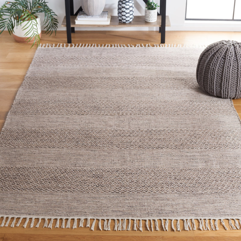 Tapis ivoire / gris acier en coton tissé à plat à la main Bester, Rectangle 5 pi x 8 pi