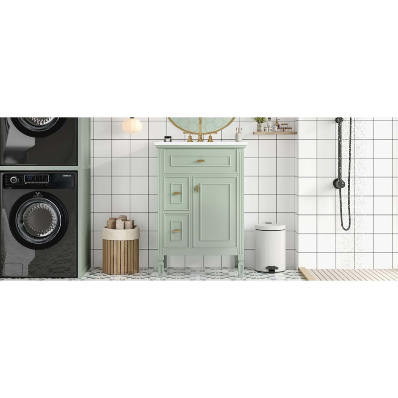 Meuble-lavabo de 24 pouces avec lavabo, armoire en bois massif et panneau de fibres à densité moyenne avec un tiroir rabattable, deux tiroirs standard et une tablette réglable, meuble-lavabo vert autoportant pour le rangement de la salle de bain