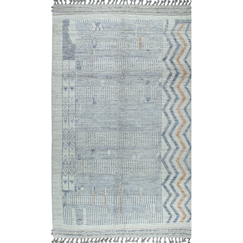 5x9 Ivory Hand-Knotted Wool Chevron Detailed Edge Tribal Modern Contemporary Carpet Rug