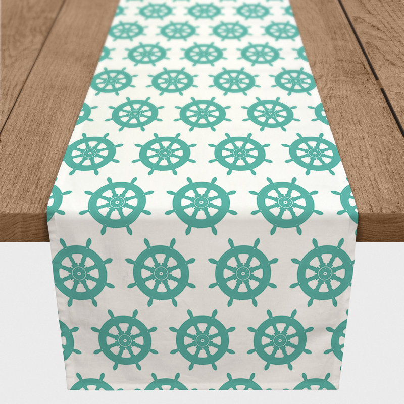 Keya Geometric Table Runner, 16" L x 72" W, White/Teal