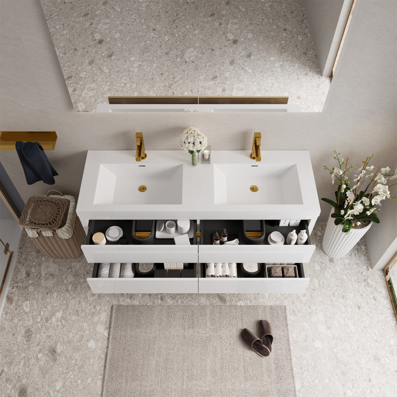 Meuble-lavabo mural avec lavabo, Blanc lustré, 59"