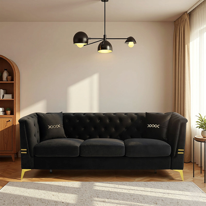 Canapé de style Chesterfield 3 places 82,67 po en velours moderne avec 2 coussins, Noir profond