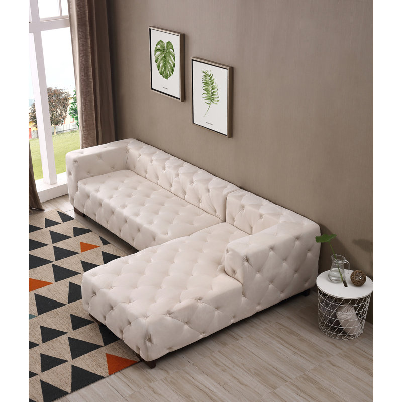 Velvet L-Shaped Sectional, Beige/Tan Velvet, Right Hand Facing