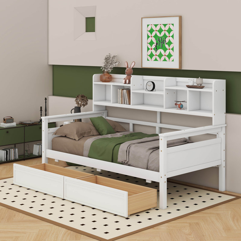 Lit de jour avec tablettes de chevet et deux tiroirs, Lit simple, Blanc