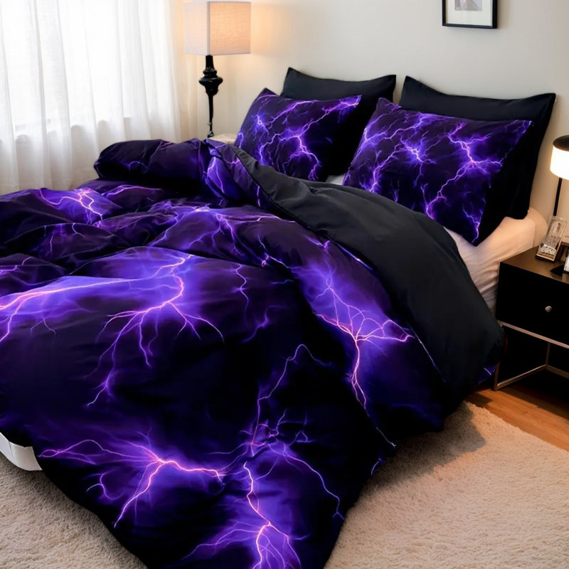 Purple Lightning Microfiber Duvet Cover Set with Pillowcases, Digital Print Electric Storm Front with Solid Black Back, Reversible Bedding, Queen, Comforter and Pillow Inserts Not Included