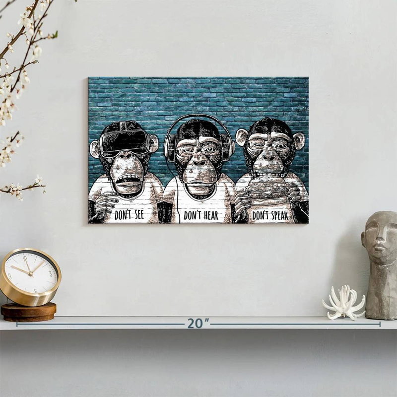 Trois singes sur toile, H 8 po x l 12 po x P 1 po