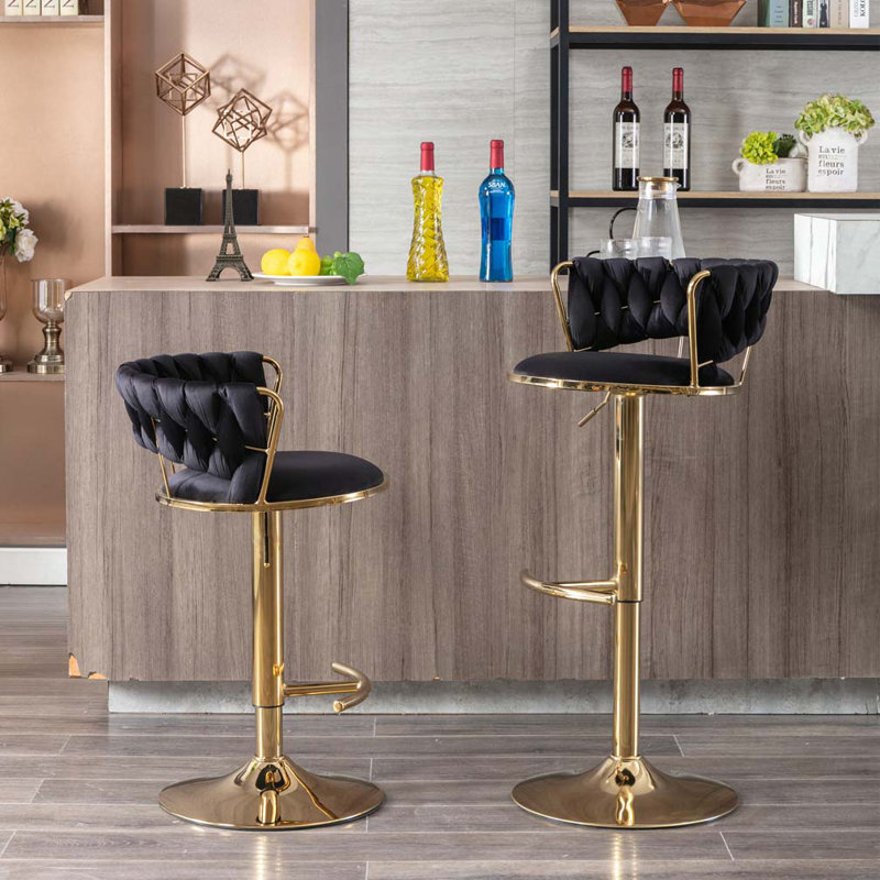 Tabourets de bar, avec repose-pieds chromé et base pivotante en velours