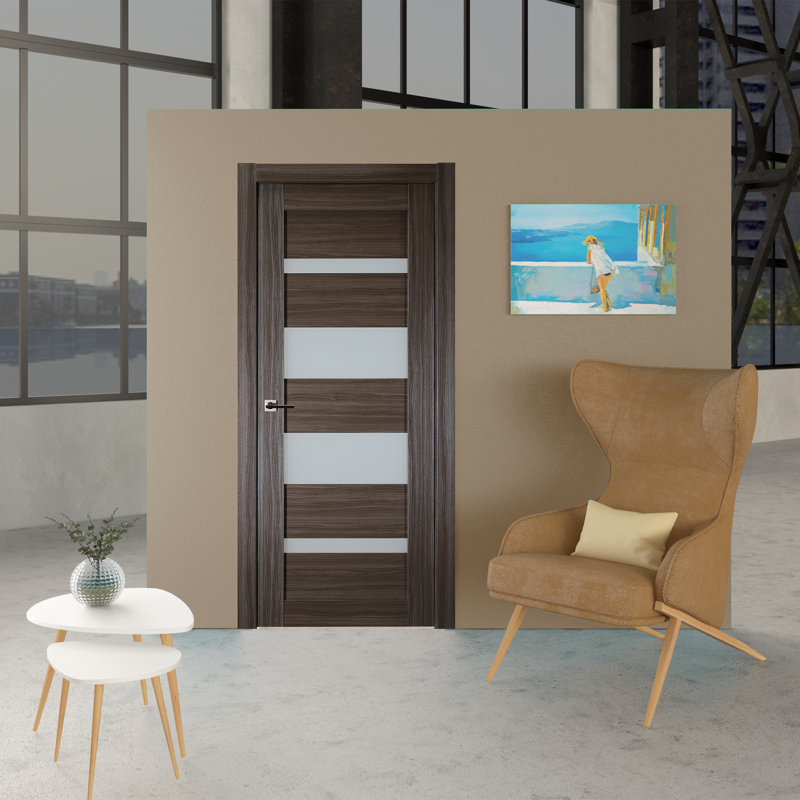 Porte à panneaux en bois manufacturé et en verre avec assemblage rapide Mirella, 23,875 po x 79,37 po, Chêne gris, À gauche