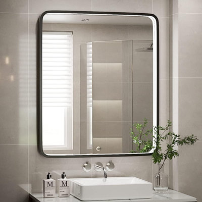 Wall Mounted LED Bathroom Mirror With Anti-Fog And Dimmable Lights,  Framed Lighted Vanity Mirror For Makeup, Installation