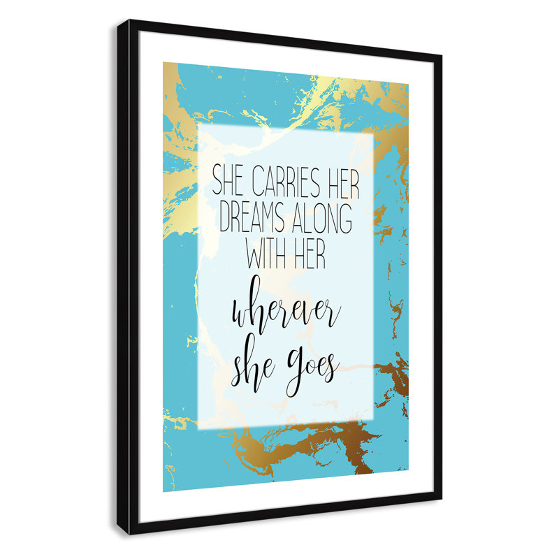 «Whereever she goes», art encadré, H 36,5 po x l 26,5 po x P 0,63 po, Encadré de boîte noir
