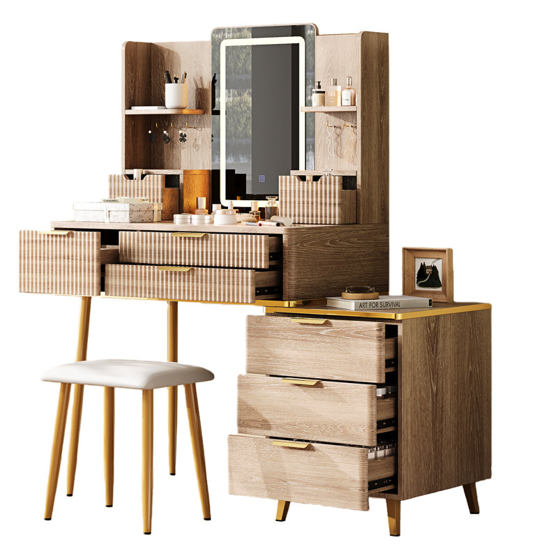 Meuble-lavabo cannelé avec miroir à DEL, rangement à 7 tiroirs, crochets à bijoux, poignées en métal et tabouret en polyéthylène
