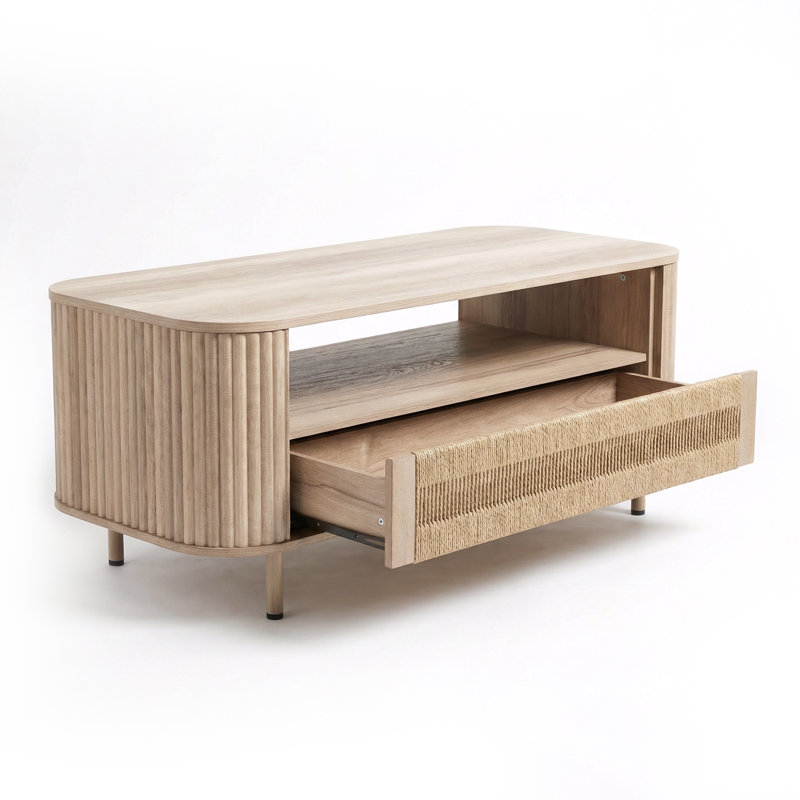 Cord Coffee Table with Storage Drawer and Open Shelf for Living Room, Natural Wood