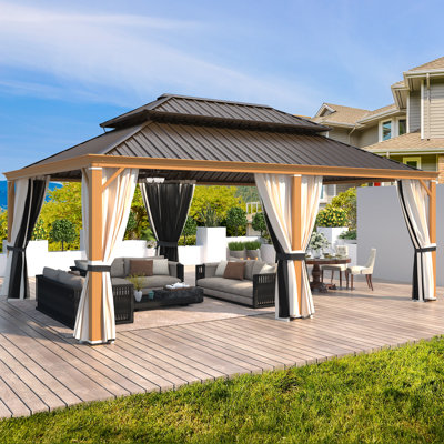 20 Ft. W x 14 Ft. D Hardtop Gazebo, PRO Premium Aluminum Frame Gazebos With Galvanized Steel Double Roof, Permanent Outdoor Metal Pavilion With Curtain And Netting For Patio, Lawn, Deck