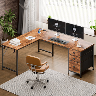 Bureau en L avec prises de courant et tiroirs, 3 tablettes de rangement, bureau d'ordinateur de coin en acier robuste pour le bureau personnel