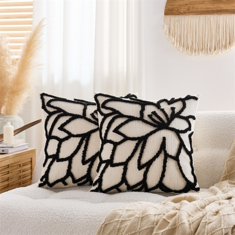 Housses de coussin décoratif en chenille 18 x 18 po, motif floral touffeté, Black