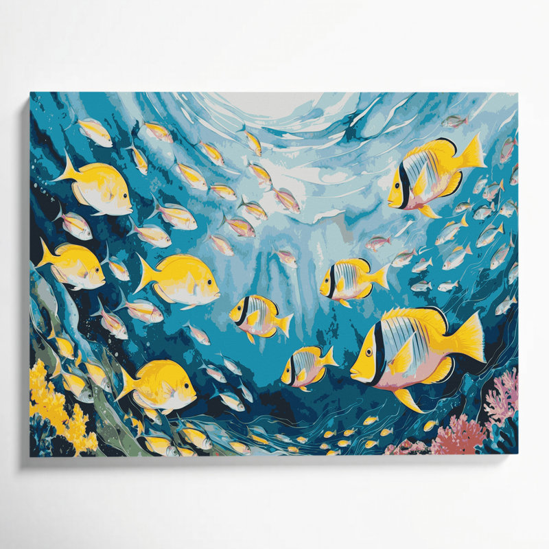 Art mural sur toile hawaïenne, groupes de poissons bleus, H 8 po x l 10 po