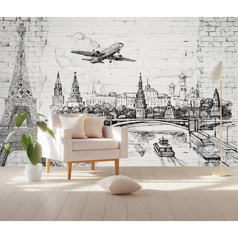 Papier peint amovible lumière brique avec contours du monde, L 35,04 po x l 55 po