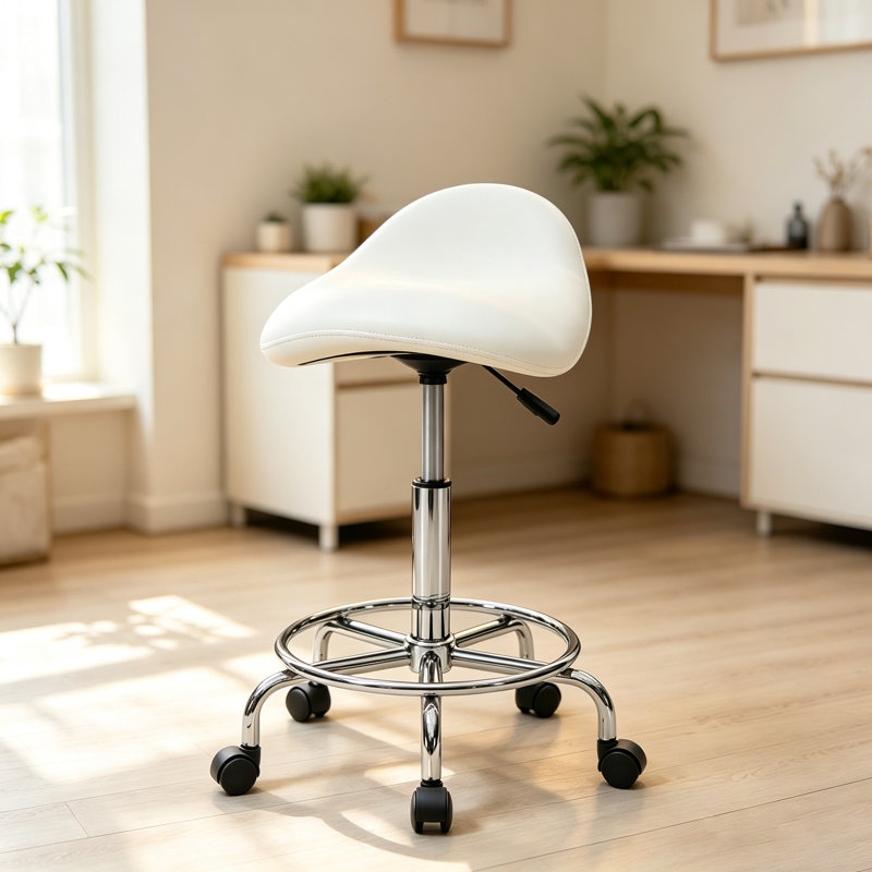 Tabouret de bureau pivotant à hauteur réglable avec repose-pieds, en similicuir et à roulettes, avec assise ergonomique en forme de selle, idéal pour les bureaux, les salons et les cliniques.