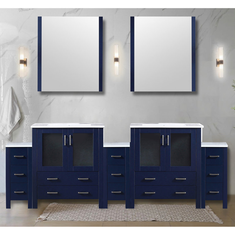 96 po W, bleu marine, meuble-lavabo double, armoires latérales, comptoir en céramique blanche, structure en bois massif, tiroirs intérieurs à fermeture douce, espace de rangement, surface de travail, pré-percé, robinet