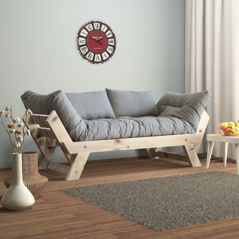 Convertible Pine Wood 2-Seat Outdoor Sofa With Waterproof Linen Cushions, Natural, Gray