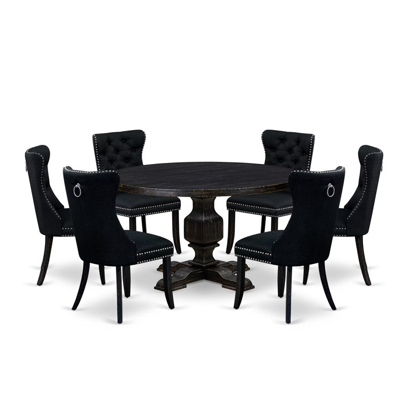 Ensemble de table de cuisine 7 pièces comprenant une table ronde de 54 po avec piédestal et 6 chaises rembourrées en tissu noir, noir sablé