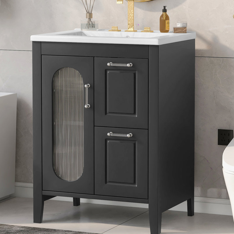 Meuble-lavabo simple de 24 po avec lavabo et plateau en céramique, meuble de rangement autoportant avec porte en verre Moru et deux tiroirs, meuble-lavabo avec tablette réglable