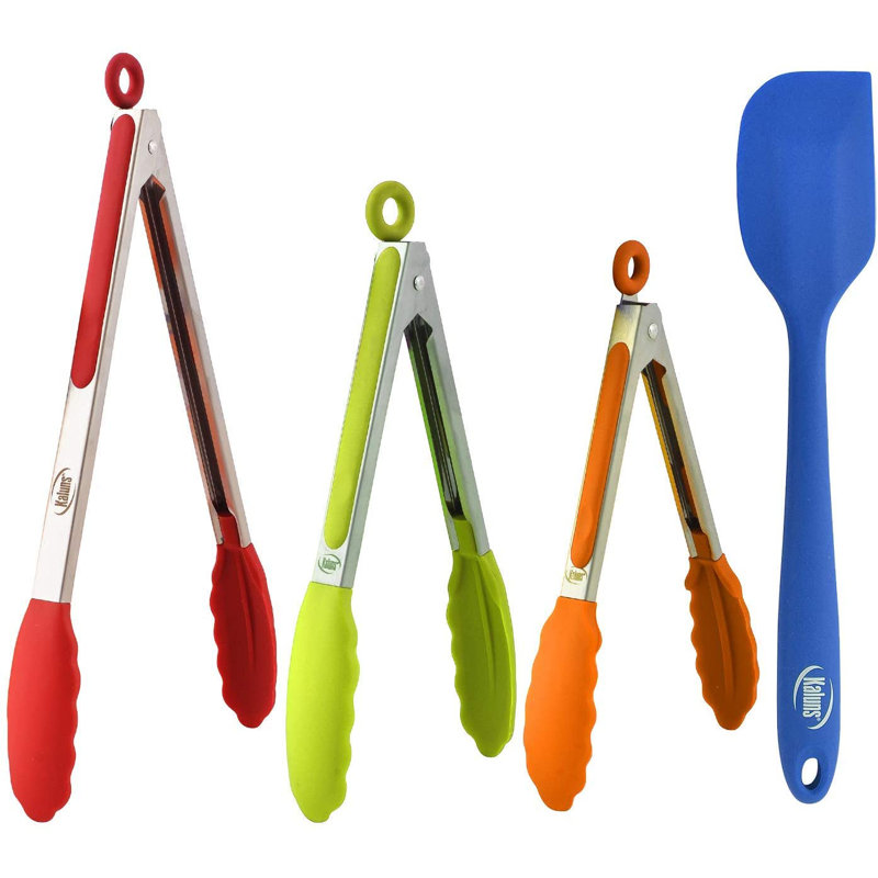 Kaluns Stainless Steel Kitchen Tongs Set of 4 with Silicone Tips, 7, 9 & 12 Inch Heat-Resistant Non-Stick BBQ & Cooking Tongs with Locking Handle and Silicone Spatula