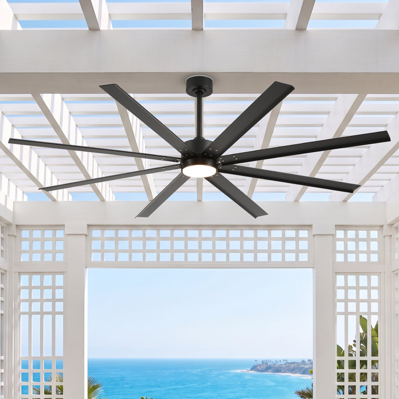 Ventilateur de plafond extérieur de 142 cm avec éclairage, style industriel, 8 pales en aluminium, étanche, moteur CC réversible et silencieux, écoénergétique, idéal pour patio, véranda, belvédère et espaces extérieurs.