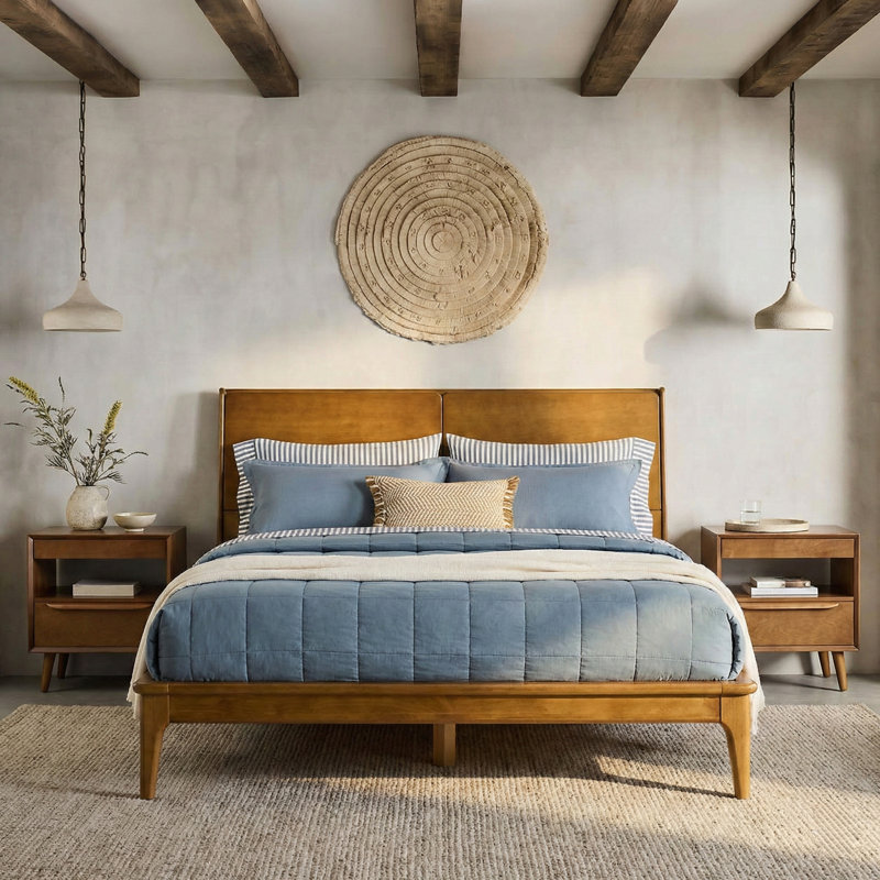 Johannes Mid-Century Modern Platform Bed With Storage Headboard And USB Ports, King