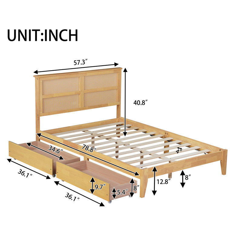 Full White Oak Rubber Wood Bed with Rattan Headboard and Storage Drawers