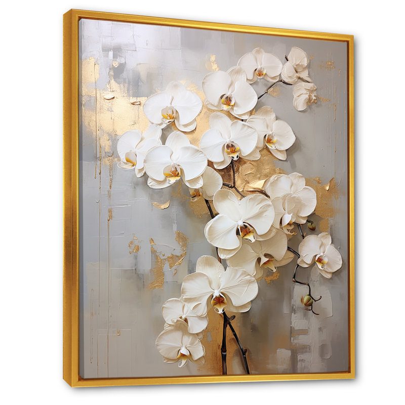 Minimalisme beige et orchidées dorées IV - impression sur toile encadrée orchidée, 44" H x 34" W, Cadre flottant doré