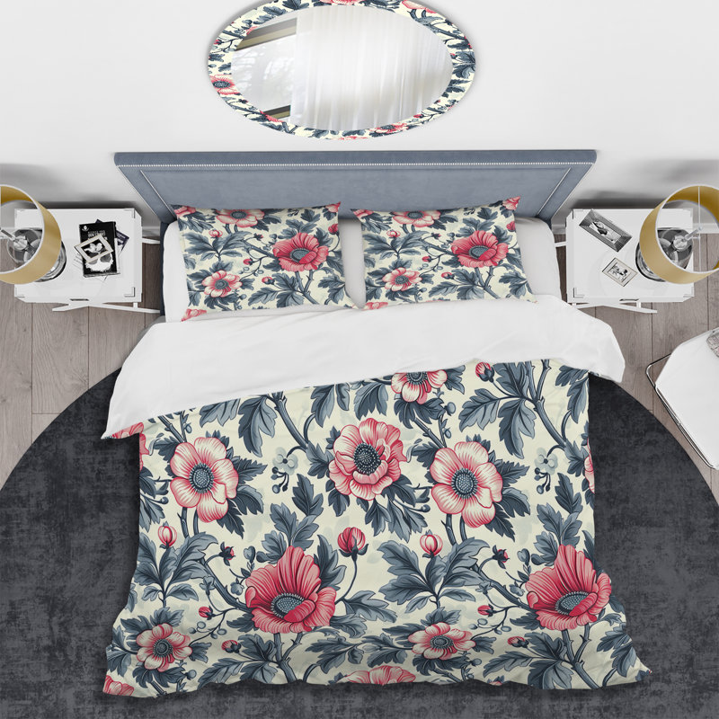 Pink Green Flower Gardens Serenity I - Modern Duvet Cover Set, King Duvet Cover + 2 King Shams
