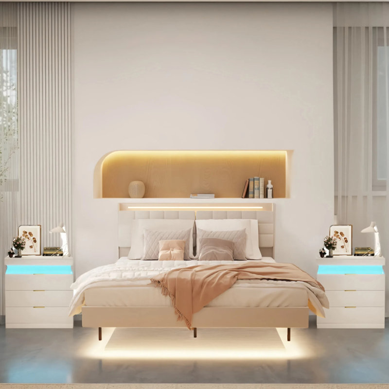 3-Pieces Bedroom Sets,Floating Bed Frame With LED Light And Charging Station  And Two Nightstands With Charging Station, King