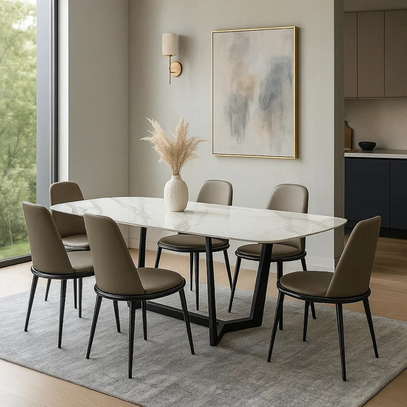 Ensemble de salle à manger 7 pièces Relli, table en céramique blanche, 6 chaises en similicuir