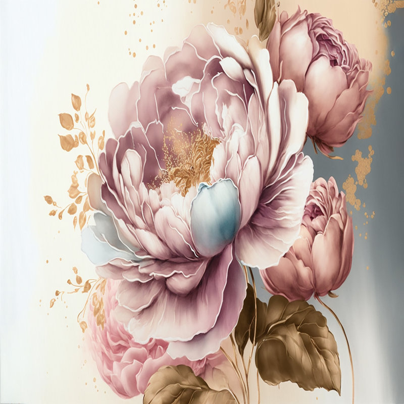 Rose et or rose II - Art mural encadré rose, H 30 po x l 40 po x P 1,5 po, Toile avec cadre flottant noir