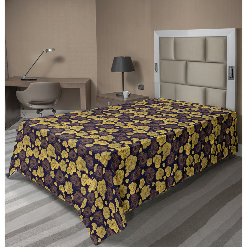 Drap plat moderne de style bohème Ambesonne, Drap plat pour lit simple, Orange pâle / motif floral bleu marine